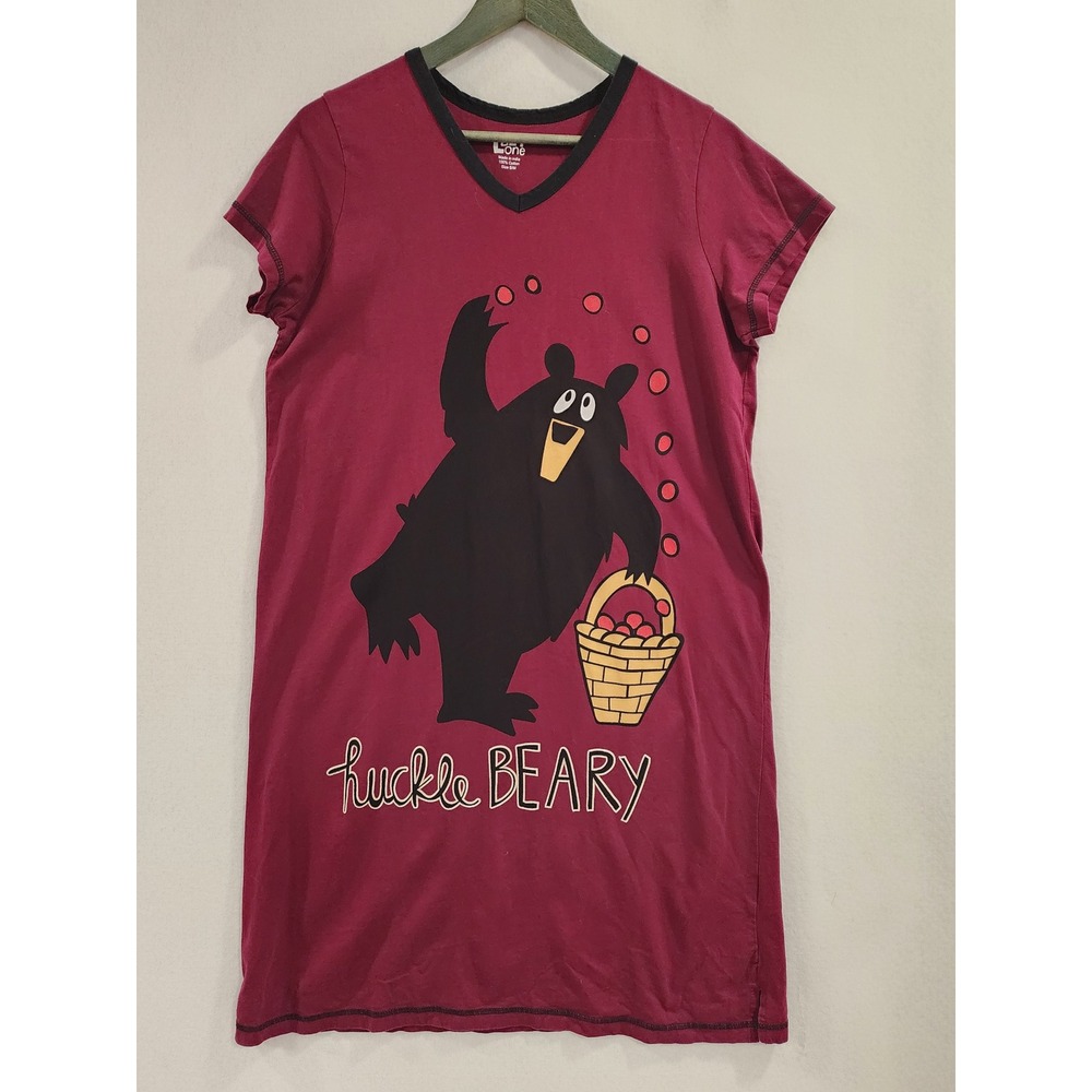 Lazy One Huckle Beary Alaska Nightshirt Burgundy Cotton Sleep Dress Womens S/M